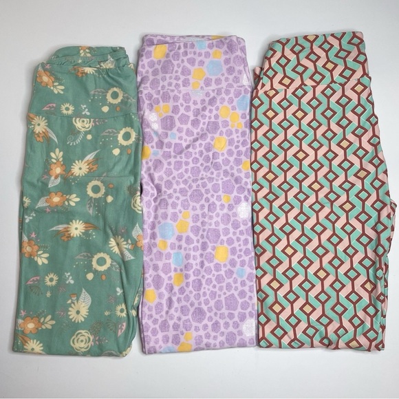 LuLaRoe Leggings OS One Size Set of 3 Light Green Floral, Purple, Pink Geometric - Picture 1 of 7